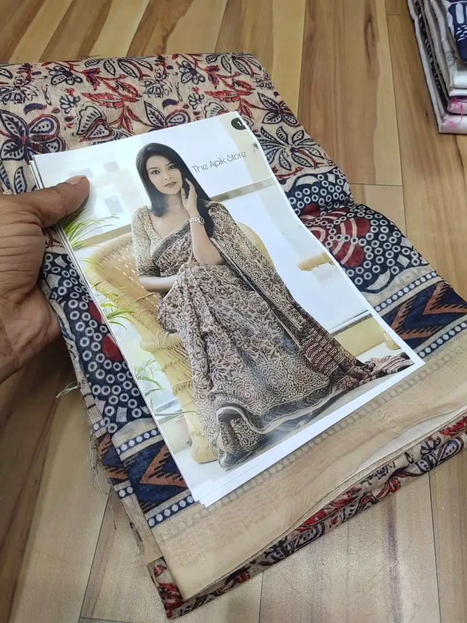 Beige Maroon Floral Bagru Mulmul Cotton Saree